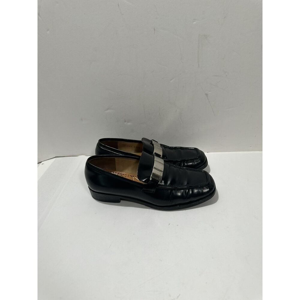 Gucci Leather Black Loafers Shiny Silver Plaque Logo Women 100 0398 36 C Sz 6 - Picture 2 of 12